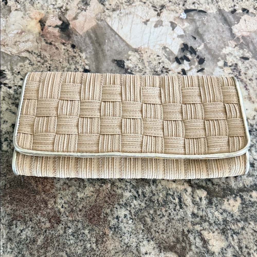 Cole Haan Clutch Bag Woven Braided Canvas Gold Natural Leather Envelope purse - Picture 1 of 5